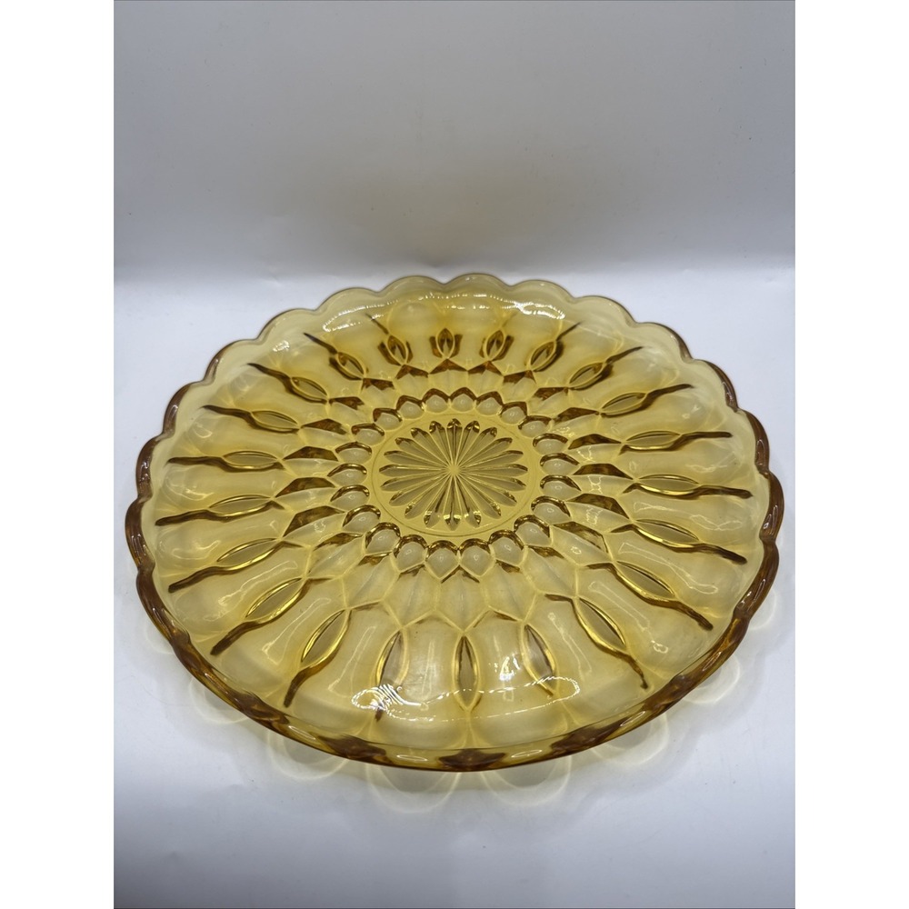 Vtg Anchor Hocking Fairfield Glass Cake Plate Stand Vignette Riser Honey Amber